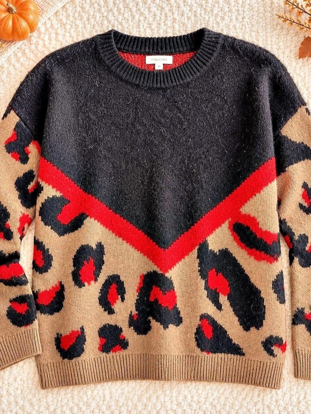 Maurice’s Leopard Print Colorblock Sweater Black Red Taupe | Size M
